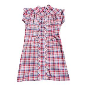 Vintage Women's Large Red/Blue Plaid Short-Sleeve Dress Collared Pleated Front